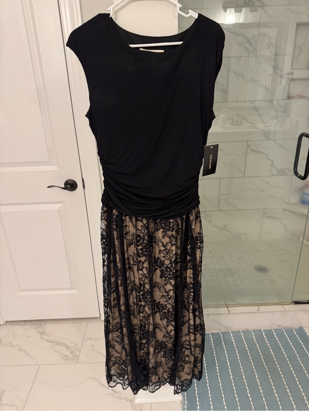Taylor Women's Black Lace Overlay Midi Dress